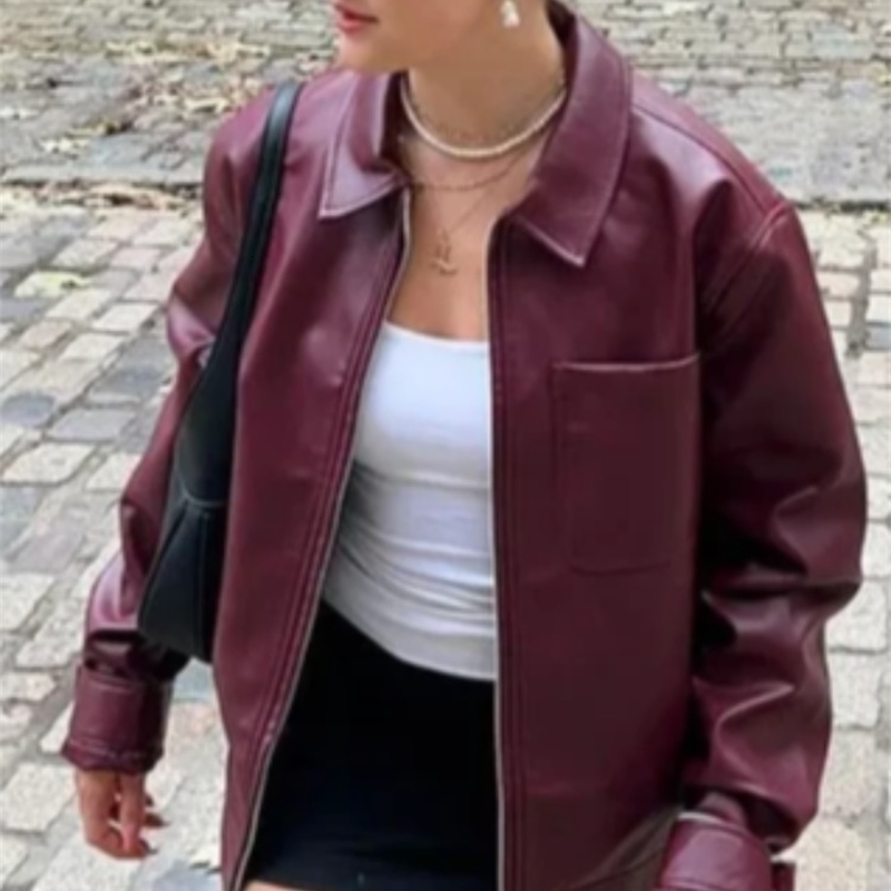 Vintage Pu Leather Laceup Short Jacket For Women Fashion Lapel Long Sleeves Irregular Coat 2024 Ladies Office Commute Outwear 240903