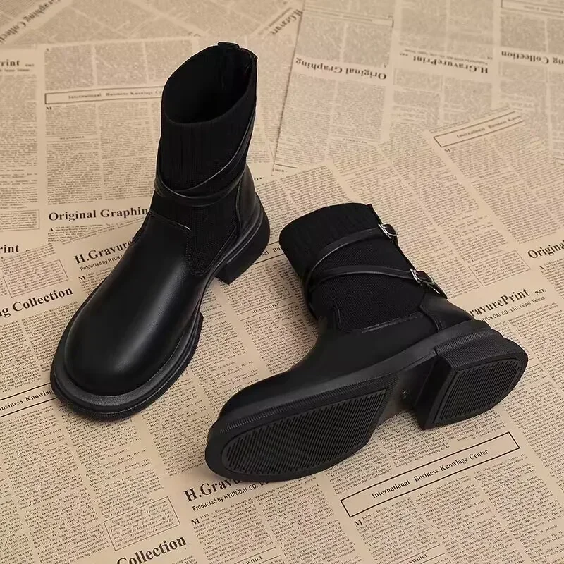 Female 2024 Ankle Women's Classics Modern Boots Stretch Slip on Round Toe Low Heel Belt Buckle Shoes Women