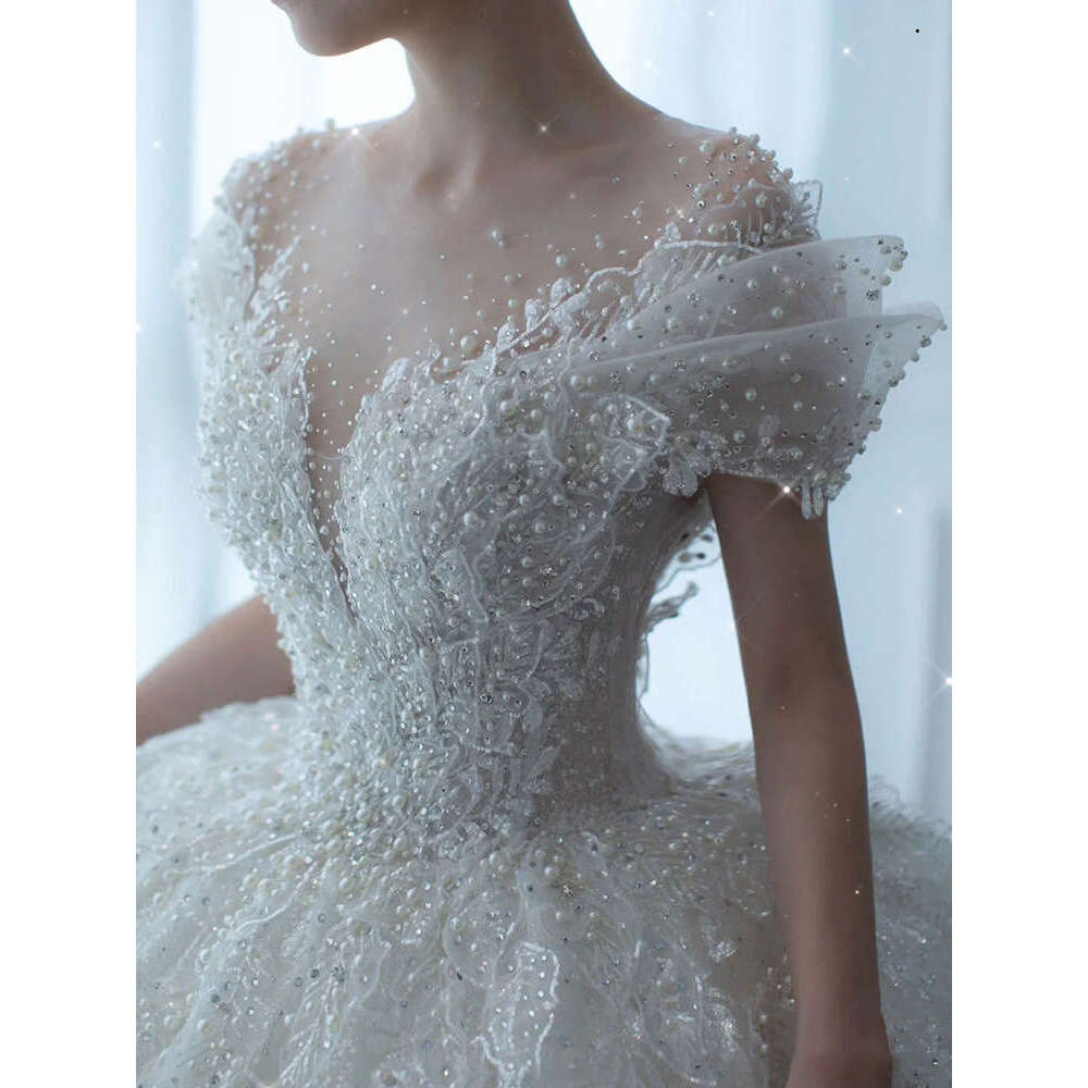 Ball Dubai Princess Gown Wedding Dress Pearls Sequined V Neck Long Sleeve Beads Bridal Gowns Crystal Bride Robes Mariee Shiny Beaded Vest De Novia S