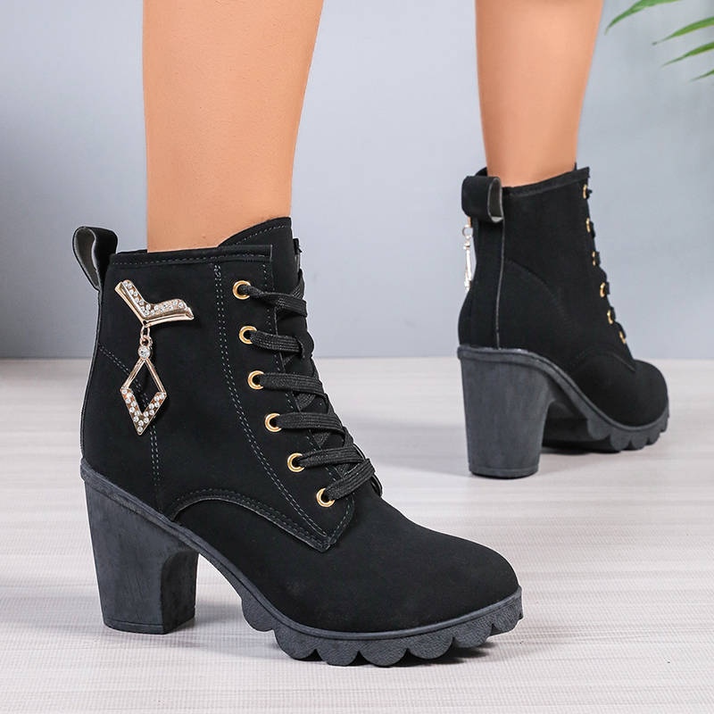 Women's Chunky Heeled Ankle Boots Metal Decoration High Heels Booties Woman 2024 Autumn Lace Up Platform Short Boots Plus Size