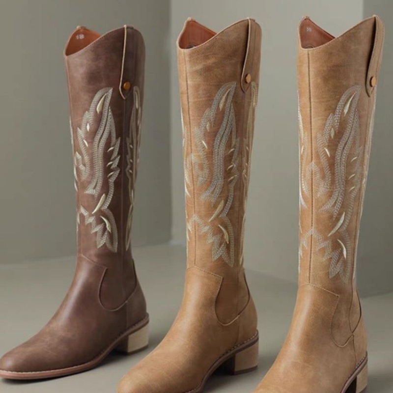Embroidered Retro Knee High Women Western Cowboy New Slip-on Long Botas Mujer Size 43 Platform Boots 94fb