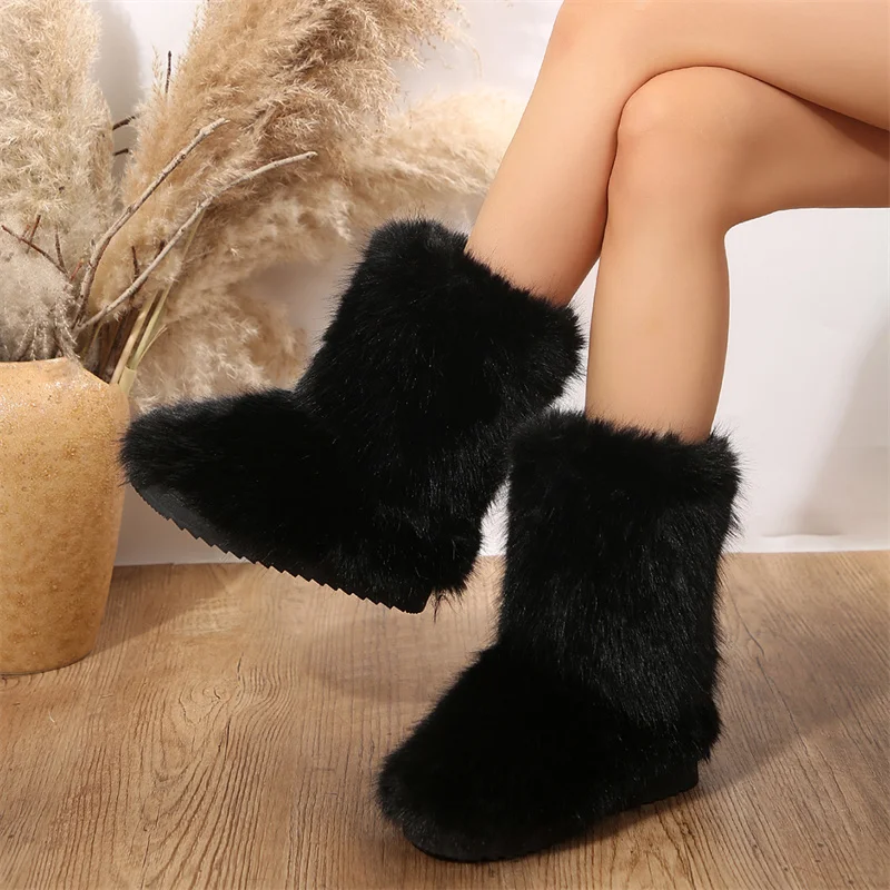 Winter Snow Women's Outdoor Furry Faux Fox Fur Boots Woman Plush Warm Platform Shoes New Fashion Bottes Big Size a5f2