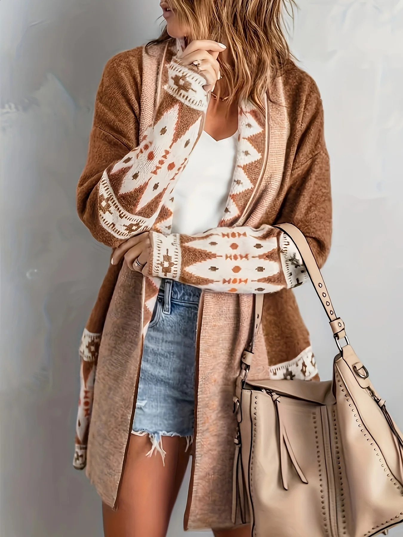 Cardigan Sweater for Women Boho Geometric Print Loose MidLength Knitted Jacket 240904