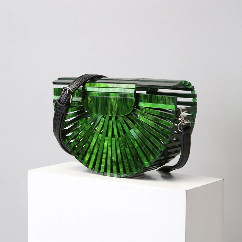 Acrylic Basket Evening Clutch Bag Women Hollow Out Stone Pattern Half Moon Acrylic Beach Handbag Beaded Shoulder Bag Holiday 240903