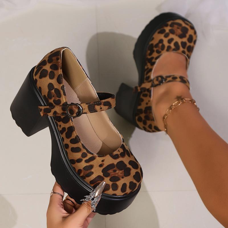 sexy Leopard Super High Heels Mary Janes Women 2024 Fashion Ankle Buckle Platform Pumps Woman Chunky Heel Party Shoes Ladies