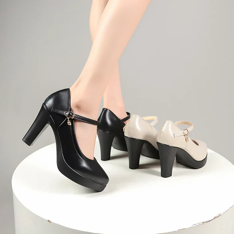 Strap Ankle Thick Heels Pumps for Women Pu Leather Office High Heeled Woman's Elegant Platform New Mary Jane Shoes Casual d904 Platm