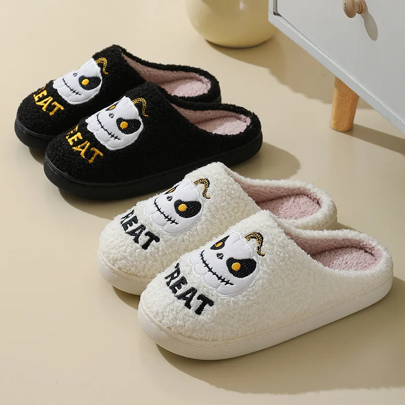 New Halloween Cute Cartoon Pumpkin Warm Furry Cotton Slippers Fashion Soft Sole Couples Home Indoor Cotton Shoes