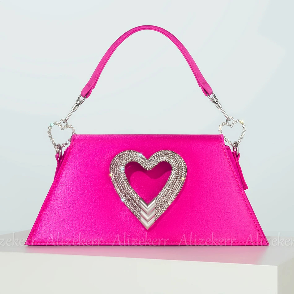 3 Rhie Heart Shaped Satin Handbags Women Fashion Boutique Chic Bg Crystal Trapezoid Evening Clutch Purses Wedding Party 240903 4