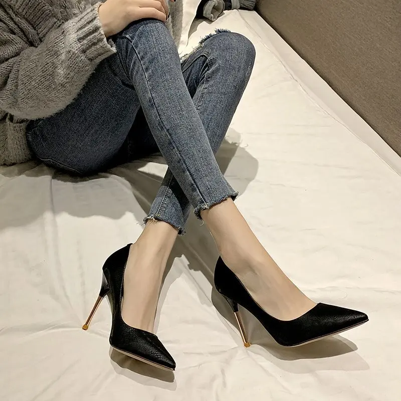 Pointed Spring Toe Denim 6-8cm Thin High Heels Lady Pumps Slip on New Sexy Hot Woman Party Classics Office Shoes Big Size Women 3f1a