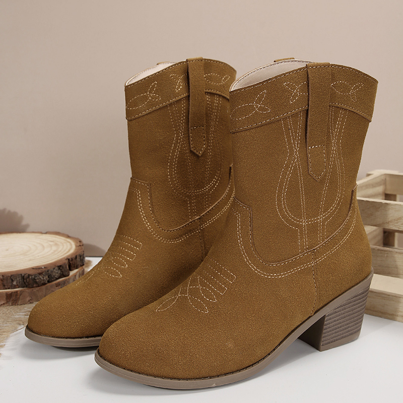 Fashion Women Embroider Ankle Women's Retro Faux Suede Thick Heel Short Boots Woman High Heels Western Botas 43 ff6e 's s