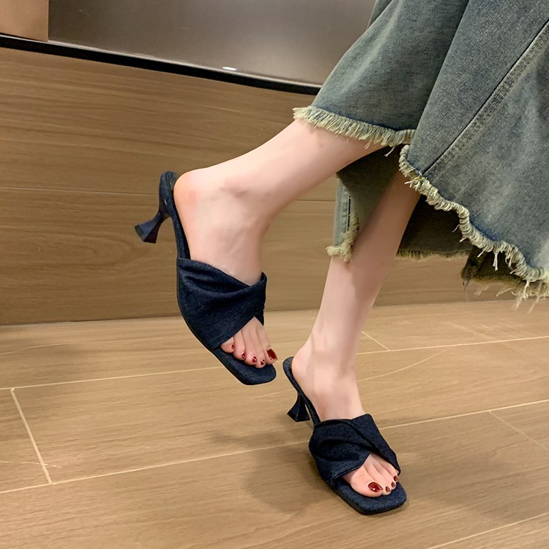Fashion Summer Denim Women Slippers New Sexy Pointed Toe Thin Heels Female Slides Slip On Party Dress Mules Shoes Quality S12 Fb41