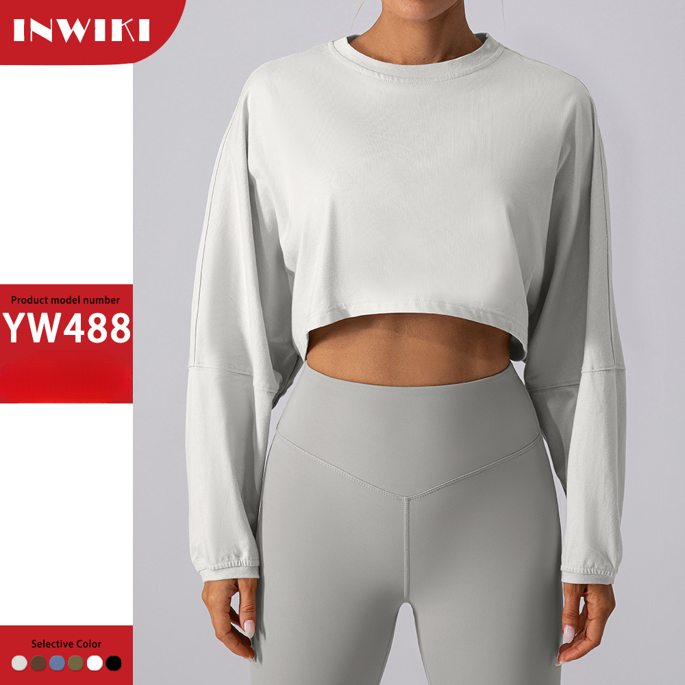 A488 Crew Neck Sweater Shirts Sports Short Bottoming Shirt Yoga Running Loose Long Sleeve Loose Top Women