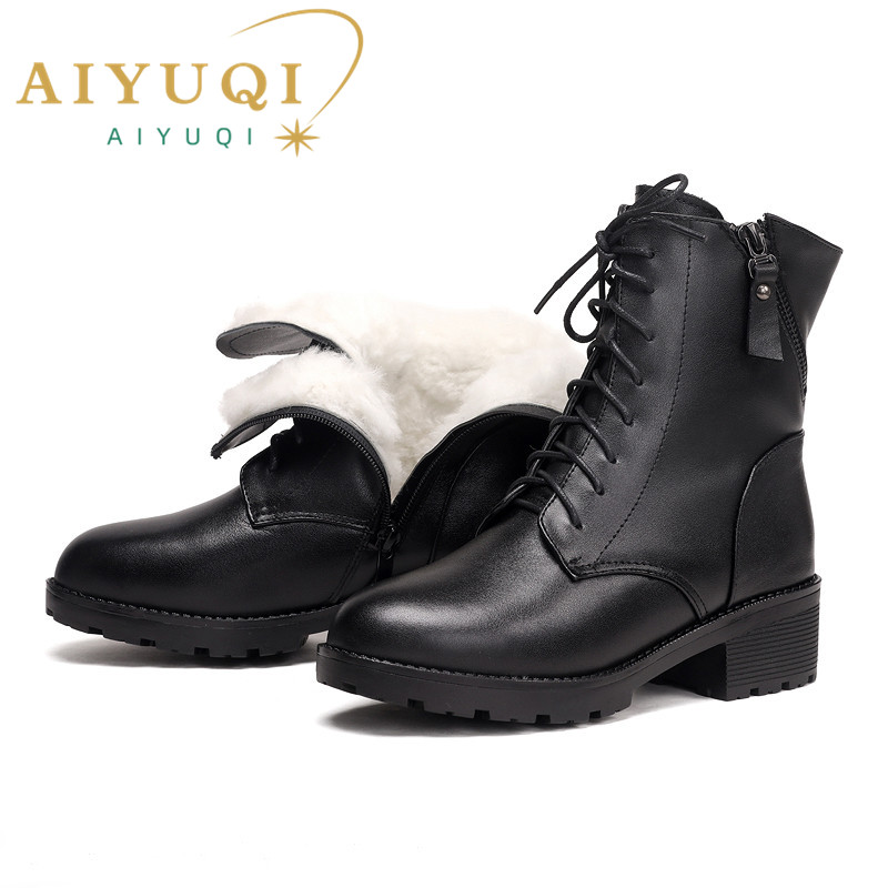 AIYUQI Women Ankle Boots Genuine Leather Wool Warm Big Size Biker Boots Women Winter Shoes For Women Boots