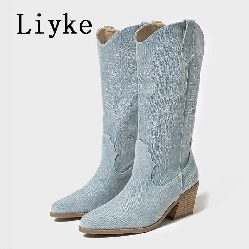 Liyke Designer Embroidery Denim Pointed Toe Slip On Western Cowboy Mid Calf Boots Women Low Hoof Heels Autumn Winter Shoes Blue