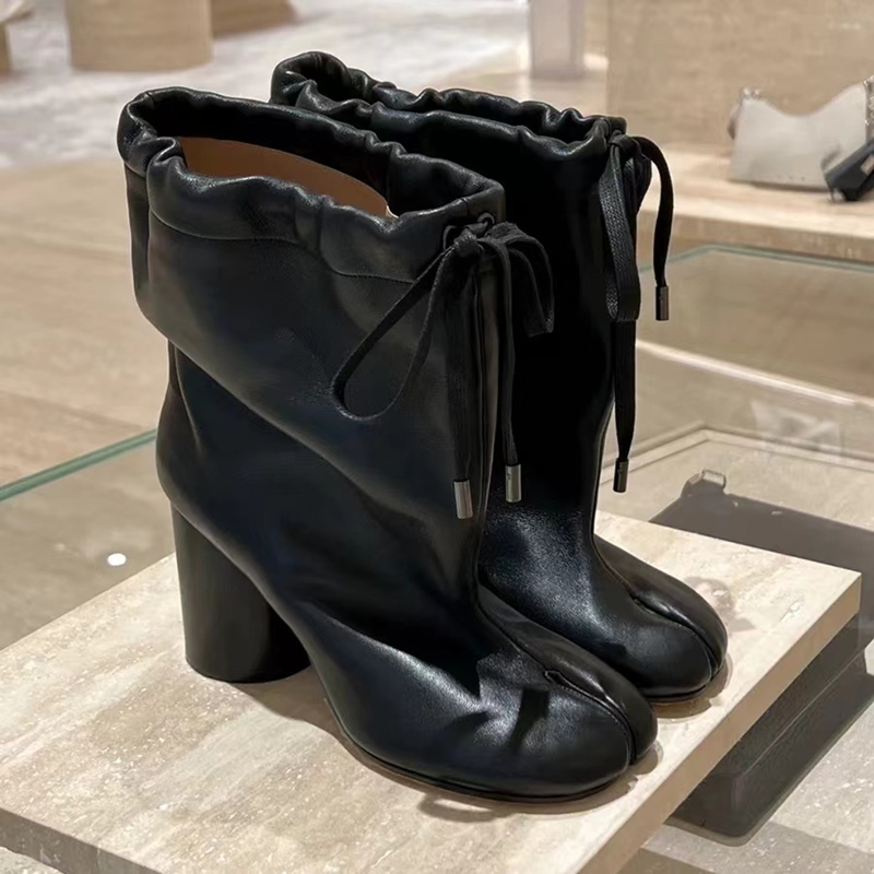 Stylish Wedge Boots Gothic Split Toe Tabi Women Ankle Boots Autumn Winter Genuine Leather Thick High heels Booties Casual Chunky Shoes