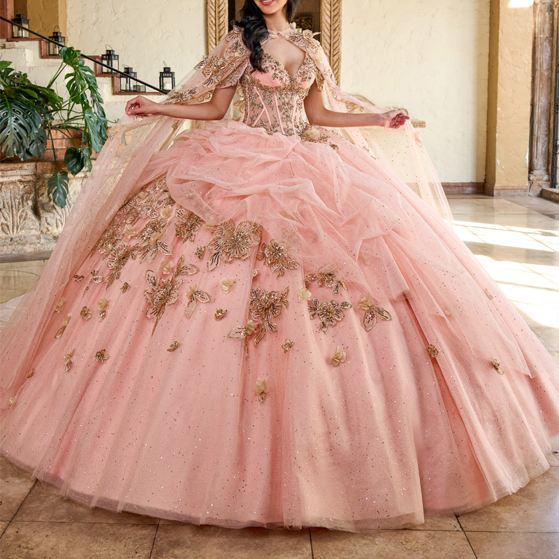 Pink Shiny Princess Ball Gown Elegant Quinceanera Dresses Birthday Party Gold Applique wer Tull With Cape Sweet 16 Dress Vestido 15 De