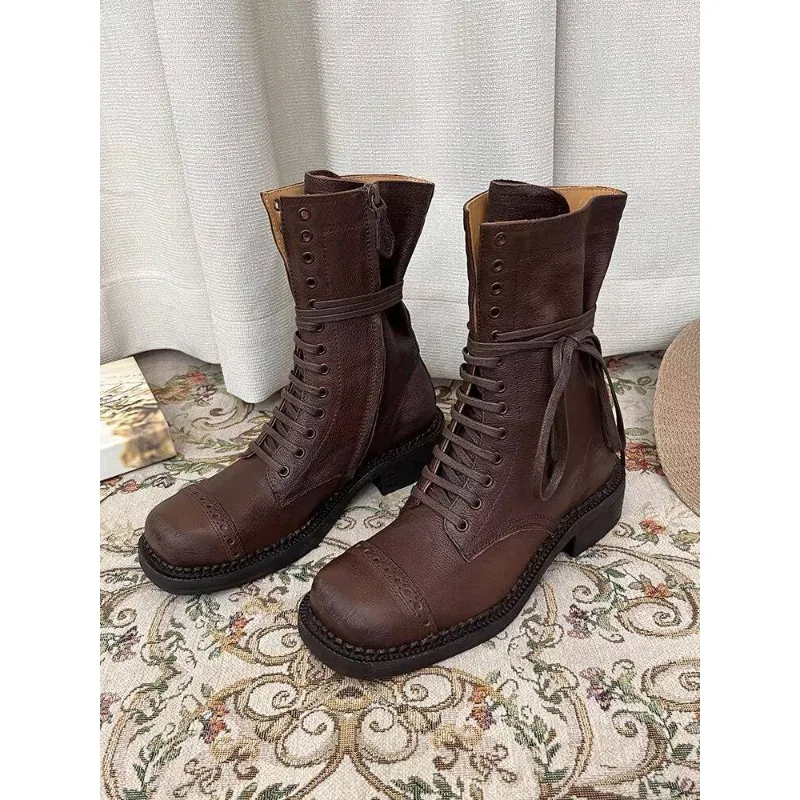 Women's Ankle Boots Lace-up Girl Cowboy Motorcycle Trend New Rock Punk Fashion Low Heel Designer Shoes Round Toe Leather Boots