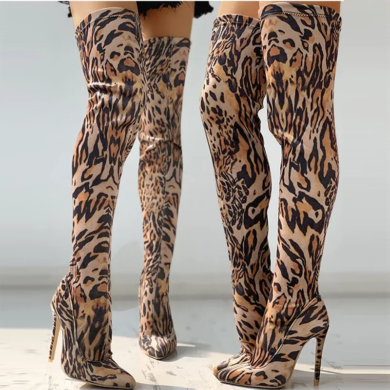 High Boots Women's Leopard Print Thin Heeled Thigh Sexy Women Pointed Toe Over The Knee Boots Female Stiletto Heels Slim Thigh