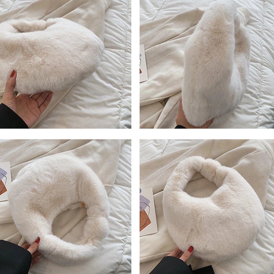 Fur womens small half moon bag warm plush wrist bag womens fashionable fur short handle clutch cute womens coin wallet 240904