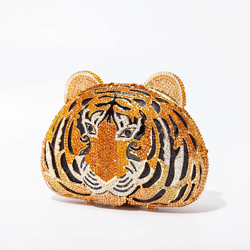 Three-D Tiger Head Crystal Evening Clutch Bags For Wedding Party Metal Rhinestone Novelty Purses And Handbags er 240903