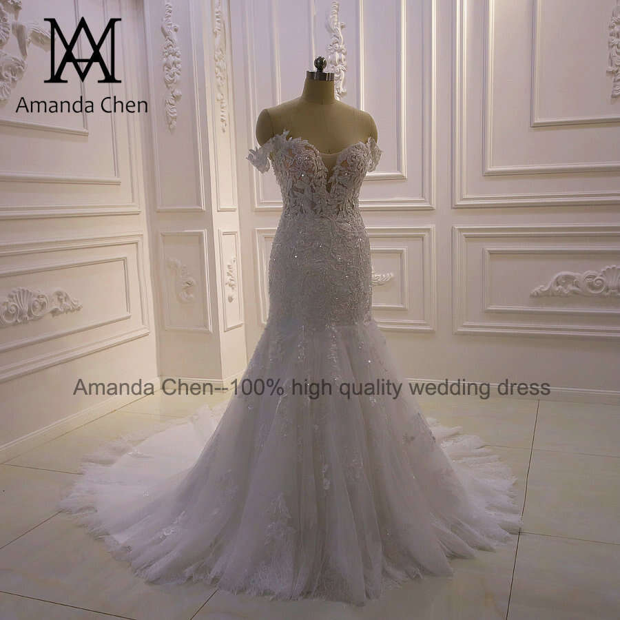 High Quality Custom Made Off Shoulder Mermaid Sheer Wedding Dress