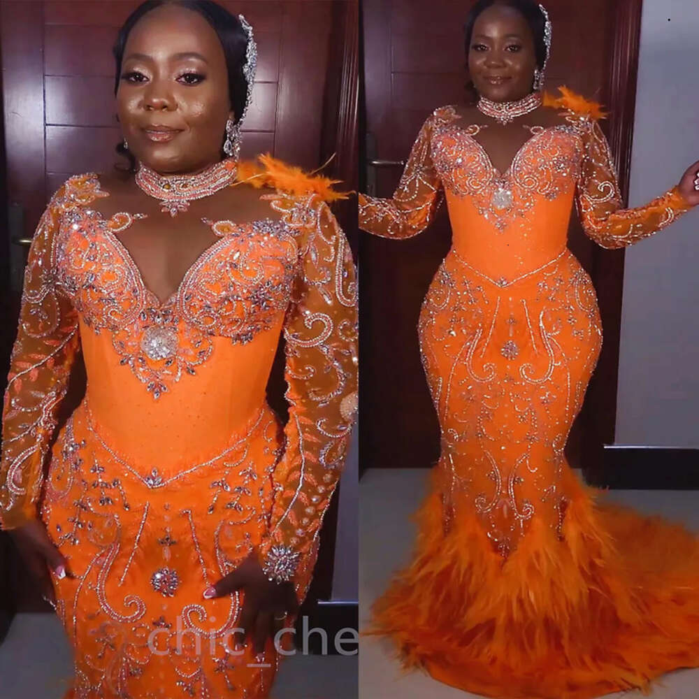 Arabic Aso Orange Ebi Mermaid Prom Dresses Beaded Crystals Feather Evening Formal Party Second Reception Birthday Engagement Gowns Dress ZJ 6660306