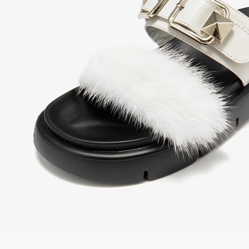 2025 new Casual BEAUTODAY Sandals Women Mink Fur Solid Color Metal Decoration Buckle Rivet Flats Outdoor Footwear Female 34613 7327