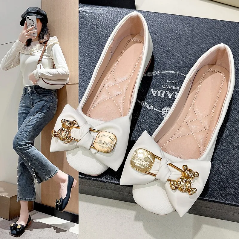 Sweet Butterfly-knot Design Women Flats Solid Color Leather Woman Shoes Ladies Soft Sole Square Toe Slip-on Casual Shoe
