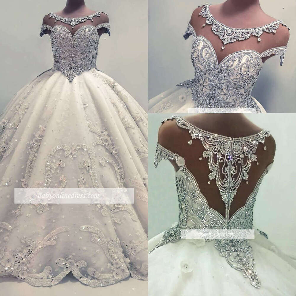 Sheer Elegant Cap Sleeves A Line Dresses Tulle Lace Applique Crystals Court Train Garden Wedding Bridal Gowns BC Pplique