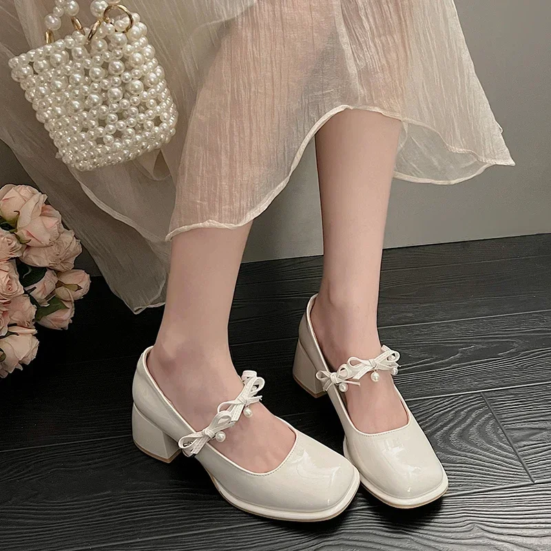 Designer Pearl Square Toe Mary Jane Shoes Women 2024 Sweet Bow Solid New Color Shallow Mouth Outdoor Party Dress High Heels e49e