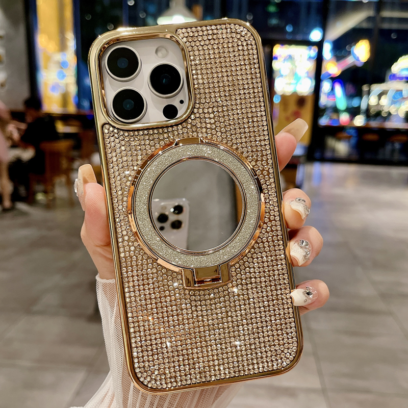 Luxury Bling Glitter Plating Full Diamond Magnetic For Magsafe Grip Make Up Mirror Hide Bracket Ring Stand Shockproof Case for iPhone 12 13 14 15 16 P