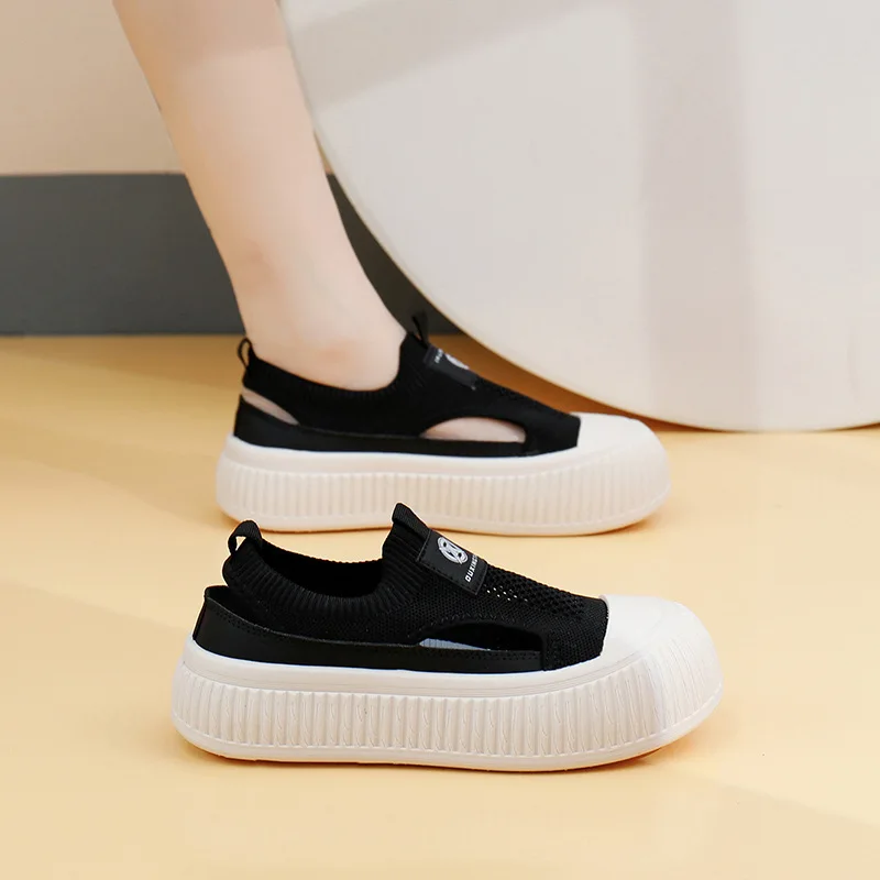 2025 NEW Korean New Mesh Hollow Out Breathable Flat White Casual Platform Knitted Shoes Sneakers atillas Mujer c