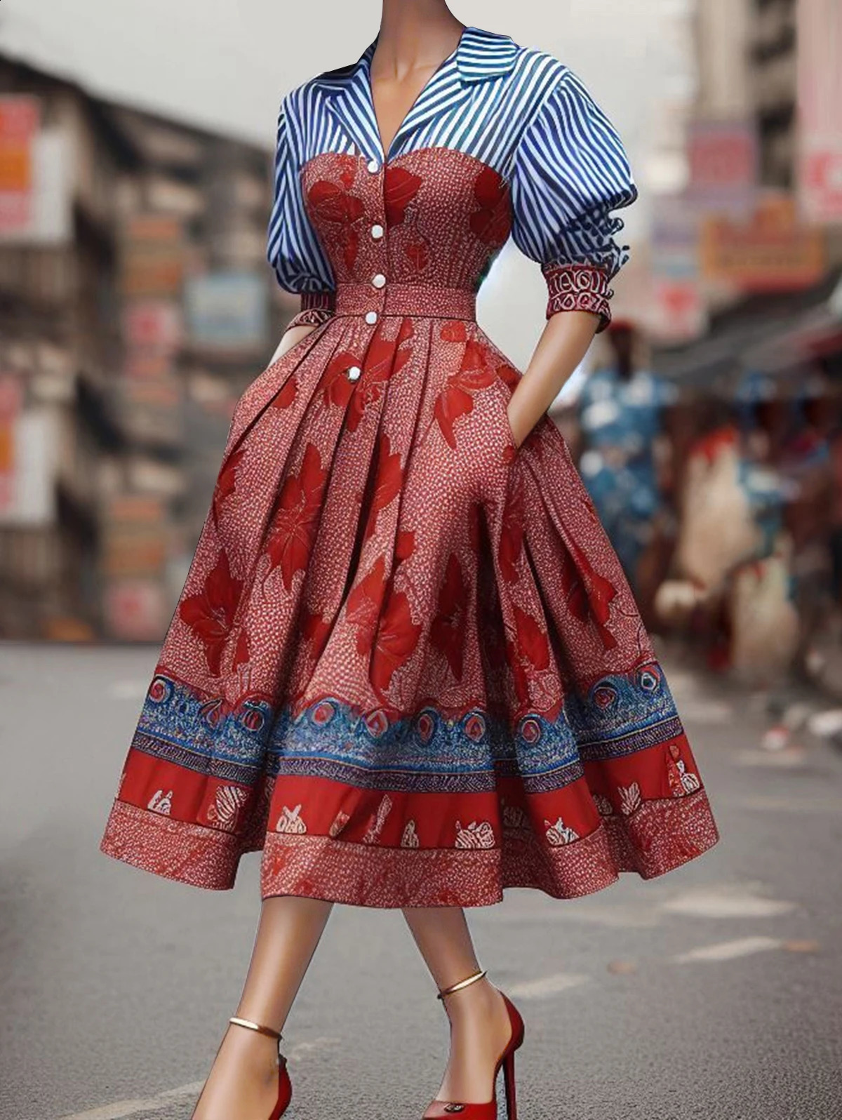 Elegant womens dress with striped floral patches work transition collar shirt mid waist evening dress womens midi dress 240904