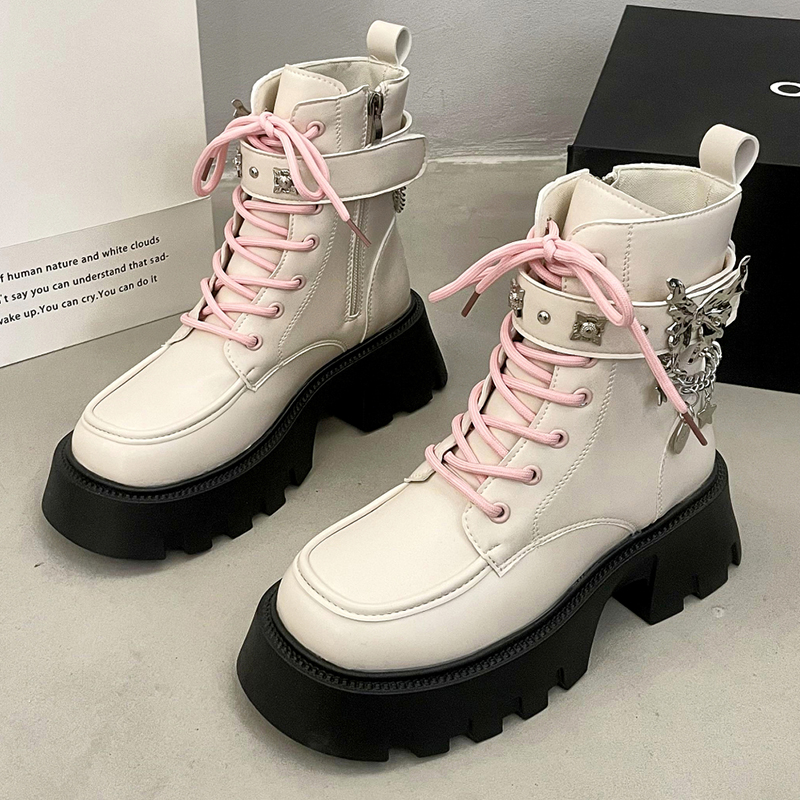 Platform Wedges Gothic Zipper Ankle Women's Metal Thick Heel Motorcycle Boots 2024 Autumn Lace-Up Fashion Booties 6a55 4