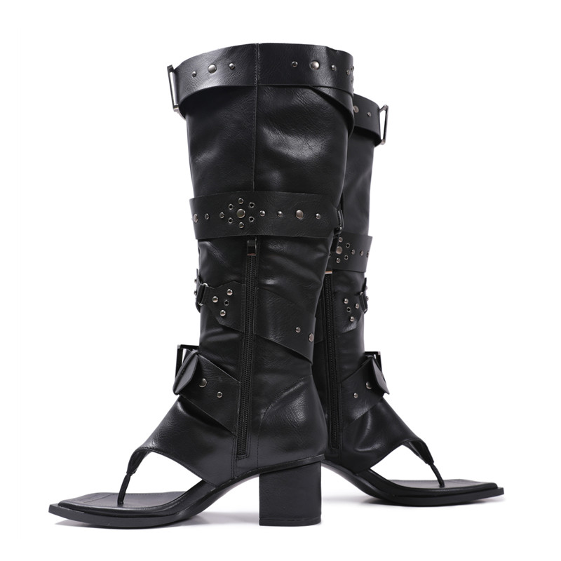style Fashion Ins Rivet Metal Buckle Clip-on Women Knee Boots Casual Thick High heels Square toe Leather Long Booties Shoes 1f7d