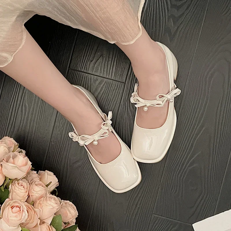 Designer Pearl Square Toe Mary Jane Shoes Women 2024 Sweet Bow Solid New Color Shallow Mouth Outdoor Party Dress High Heels e49e