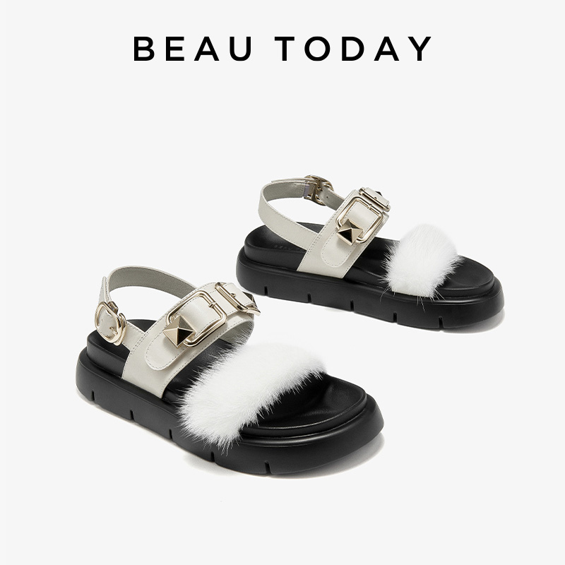 2025 new Casual BEAUTODAY Sandals Women Mink Fur Solid Color Metal Decoration Buckle Rivet Flats Outdoor Footwear Female 34613 7327