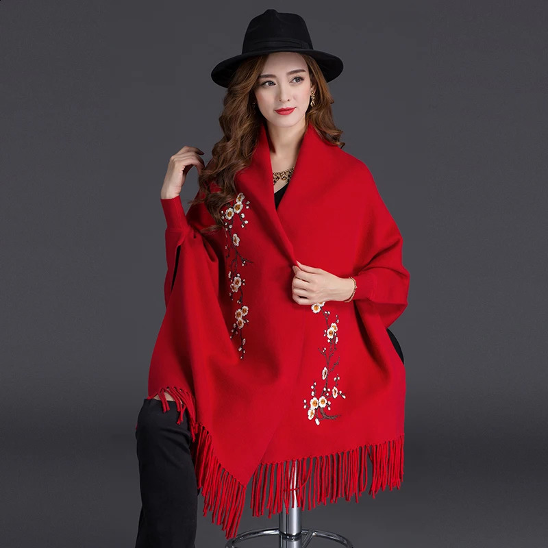 Autumn Winter Can Wear Shawl Scarf Dualuse Embroidery With Sleeves Wool Cashmere Thick Tassel Cloak Female 240904 - view 6