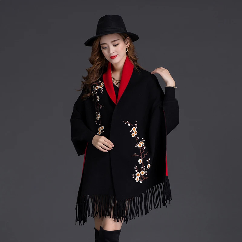 Autumn Winter Can Wear Shawl Scarf Dualuse Embroidery With Sleeves Wool Cashmere Thick Tassel Cloak Female 240904 - view 3