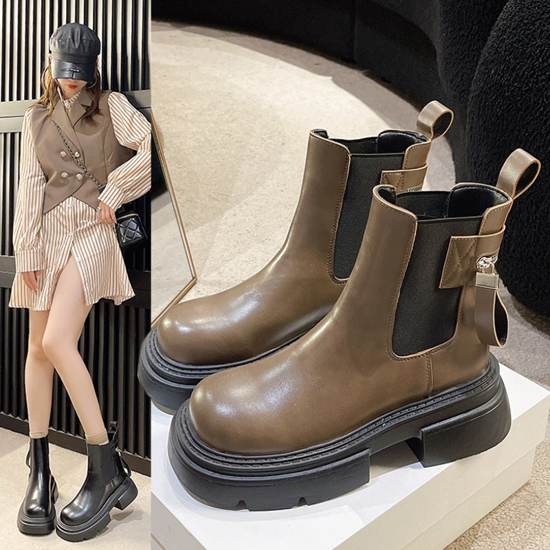 Ladies Fashion PU Ankle Women's Platform Modern Boots Round Toe Stretch Slip-on Square Heel Shoes Women 8f78