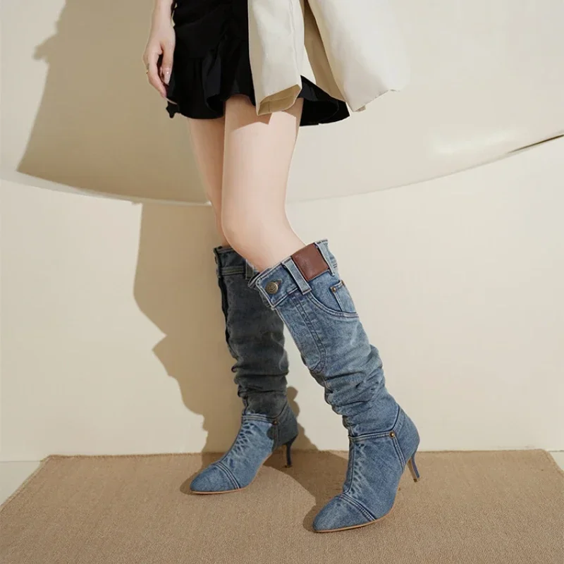 Pointed Toe Knight Women Retro Brown PU Leather Knee High Boots Woman Autumn Winter Western Cowboy Long Botas Mujer