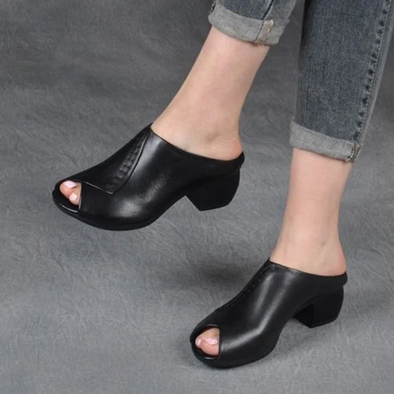 Thick-heeled Soft Leather Slippers Fish Mouth Womens Sandals Comfortable Versatile Women Shoe Platform Wedges Zapatillas De Casa