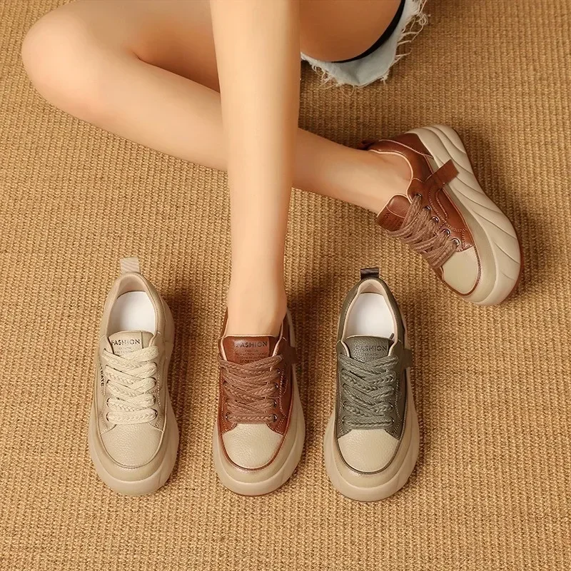 Thick Soled Sports Shoes for Women Fashion Platform Increase Sneakers Female Lace Up Casual British Style Vulcanized Shoes2025