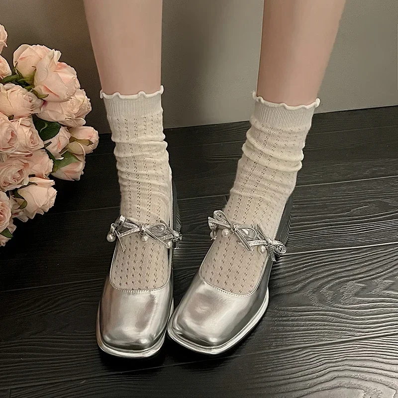 Designer Pearl Square Toe Mary Jane Shoes Women 2024 Sweet Bow Solid New Color Shallow Mouth Outdoor Party Dress High Heels e49e