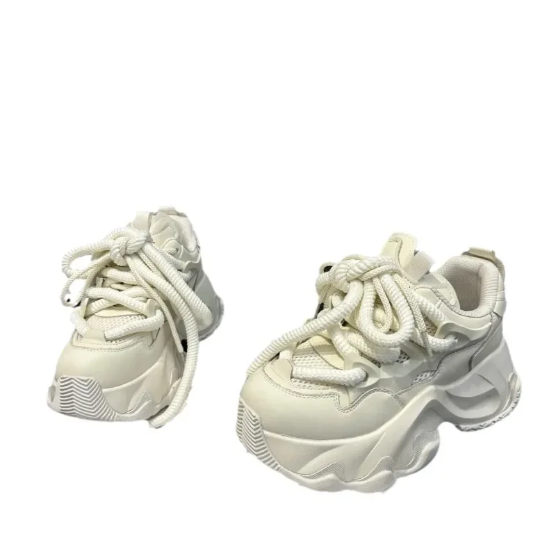 Women's Sneakers New Style Fashion Thick Soled Lace Up Soft Sole Comfort Anti Slip Height Increasing Round Toe Shoes 2024