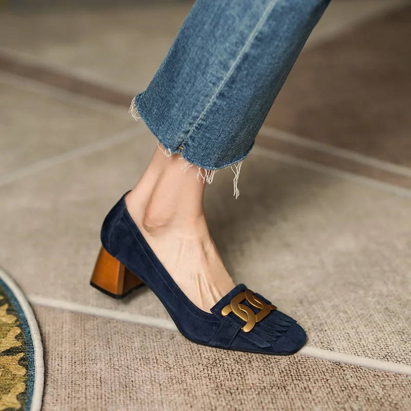 Fashion Retro Women Shoes Spring Summer French Retro Metal Buckle Single Shoes Thick Heel Women Shoes All-match High Heels