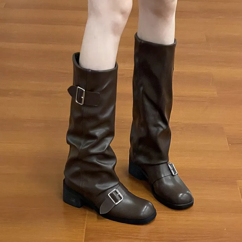 Quality Women Shoes Trendy Boots Vintage New Simple Design Clunky Heel Fashion Black