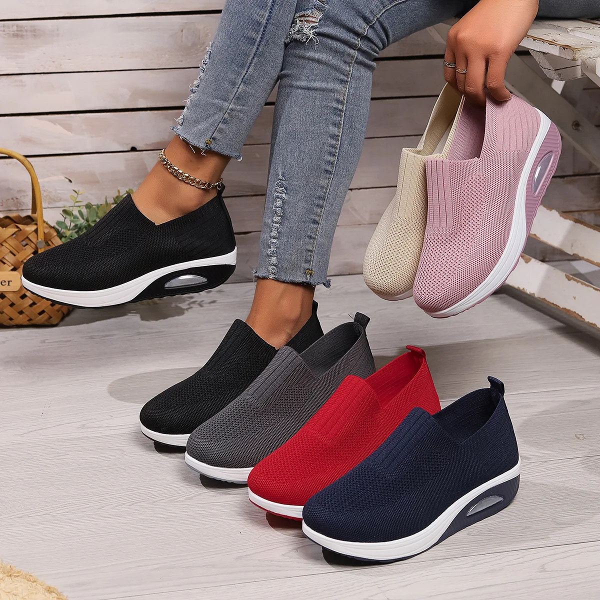 Walking Women Air Cushion Non Slip Orthopedic Shoes Ladies Platform Mules Breathable Wedge Female Sneakers 2024 e966