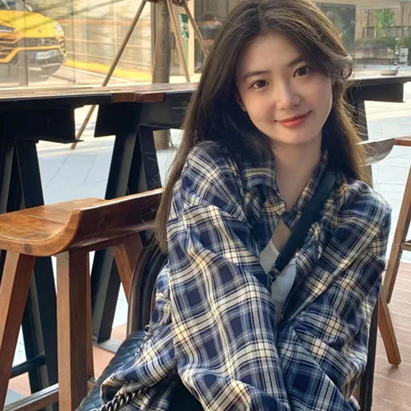 Womens plain weave shirt long sleeved checkered green pink top womens basic fashion clothing 240814