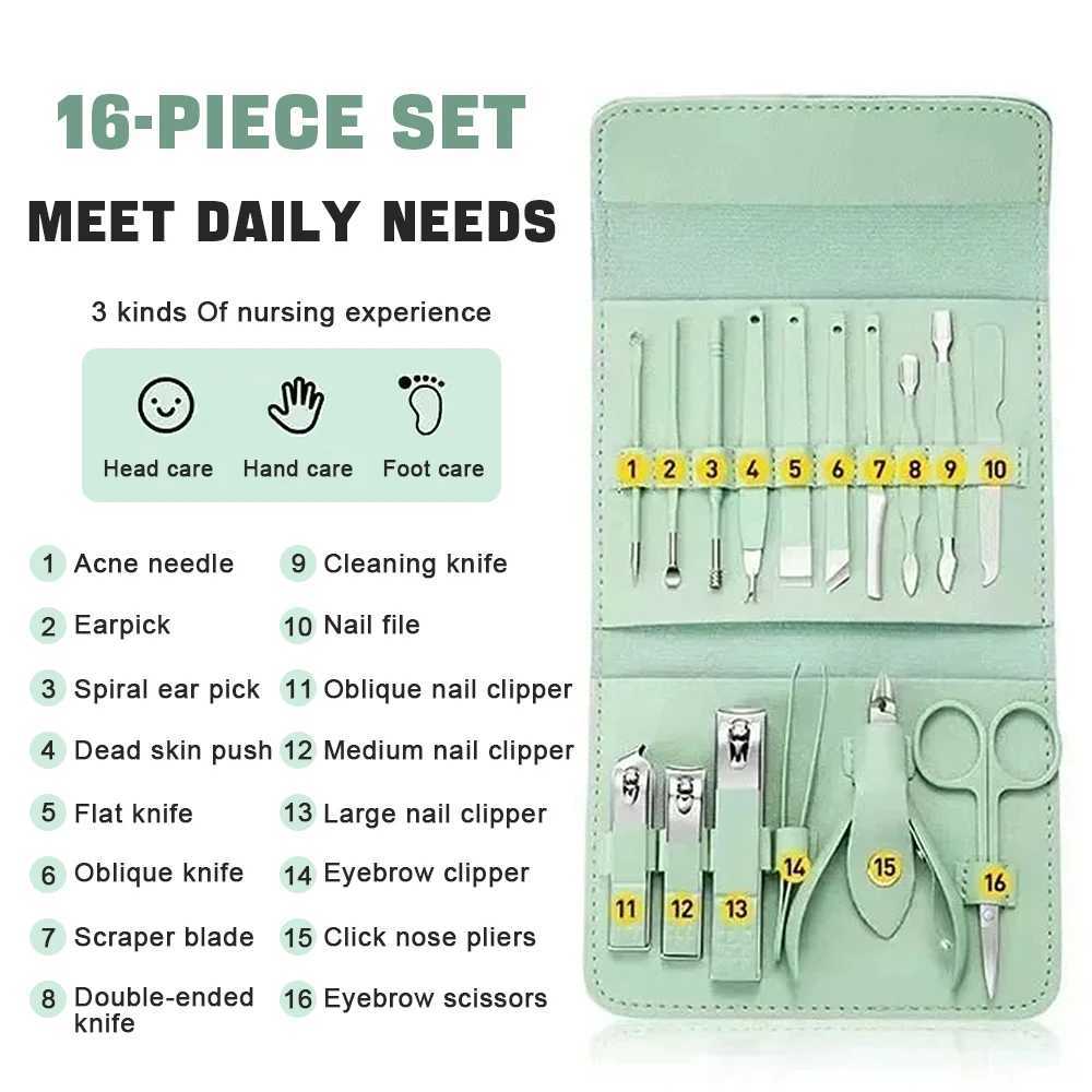 16 pieces/set of professional nail clippers portable travel case stratum corneum pliers beauty foot massage kit W240904